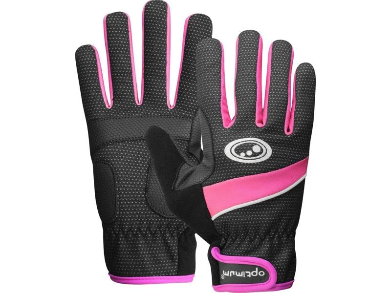 Pair of black Optimum ladies cycling gloves with pink trim, showing palm and logo back, on white - Optimum