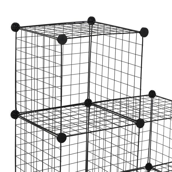 Black metal wire cube rack with stacked compartments and open shelving