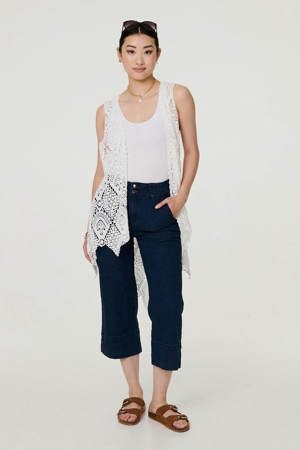 White | Lace Open Front High Low Cardigan