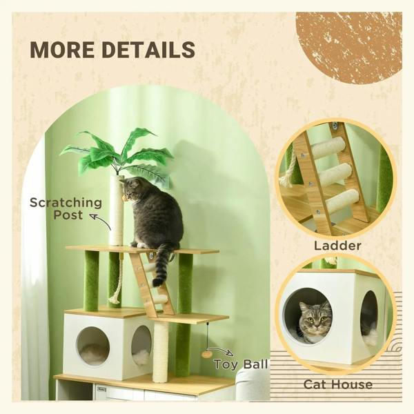 Cat tree with scratching post, ladder, cat house, and toy ball, oak wood and green