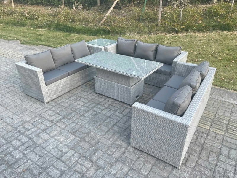 Fimous Lounge Rattan Garden Furniture Set Adjustable Rising Lifting Table Dining Set With Side Coffee Tea Table