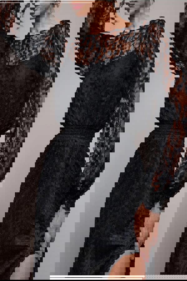 Lace Long Sleeve Shirred Waist Maxi Dress - Black DR4805