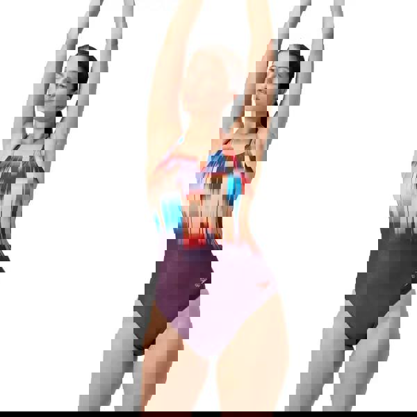 Purple Speedo digital placement medalist swimsuit with colorful abstract design