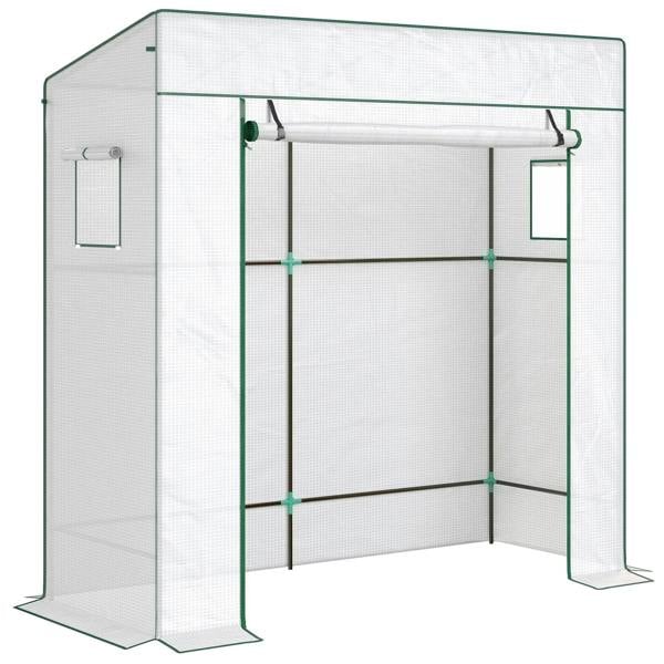 White PVC walk-in greenhouse cover with green frame, open front door and side panel