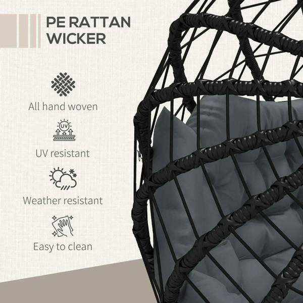 Black woven rattan-style egg chair frame with UV, weather, and easy-clean features