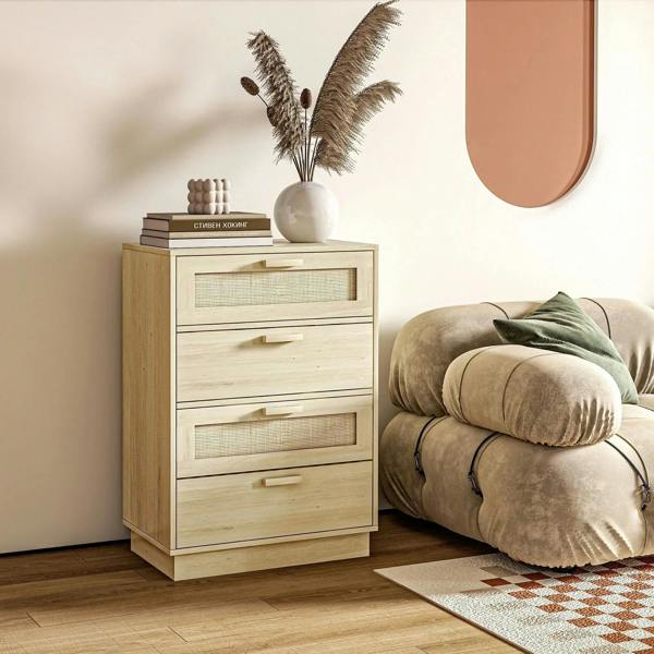 Chest of Four Rattan Weave Panel Drawers - Wood-Effect