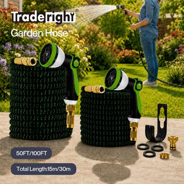 Traderight Expandable Garden Hose 10-Pattern Nozzle Kink-Free Green