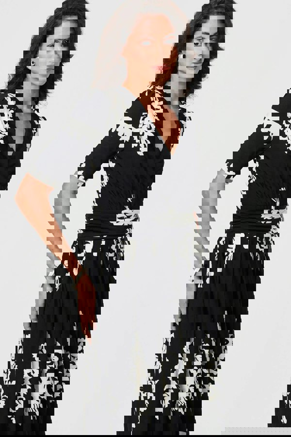 Black | Ikat Print 1/2 Sleeve Wrap Midi Dress
