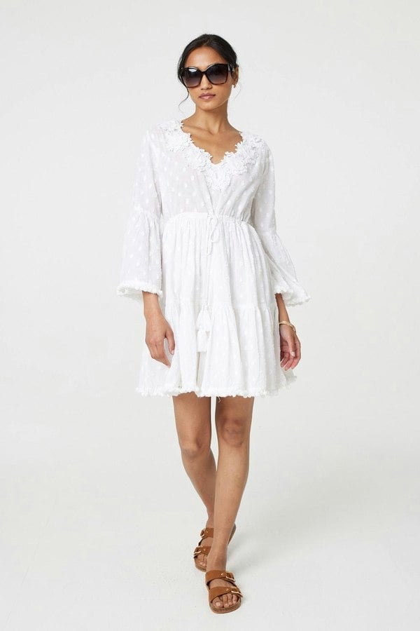 White | Floral Lace Flare Sleeve Mini Beach Dress
