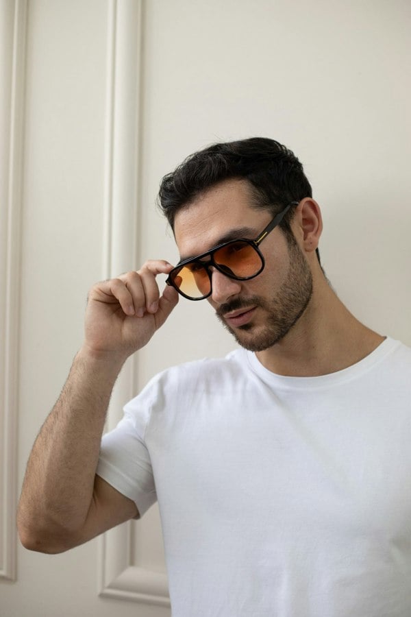 SVNX Oversized Navigator Sunglasses in Black with Orange Lenses