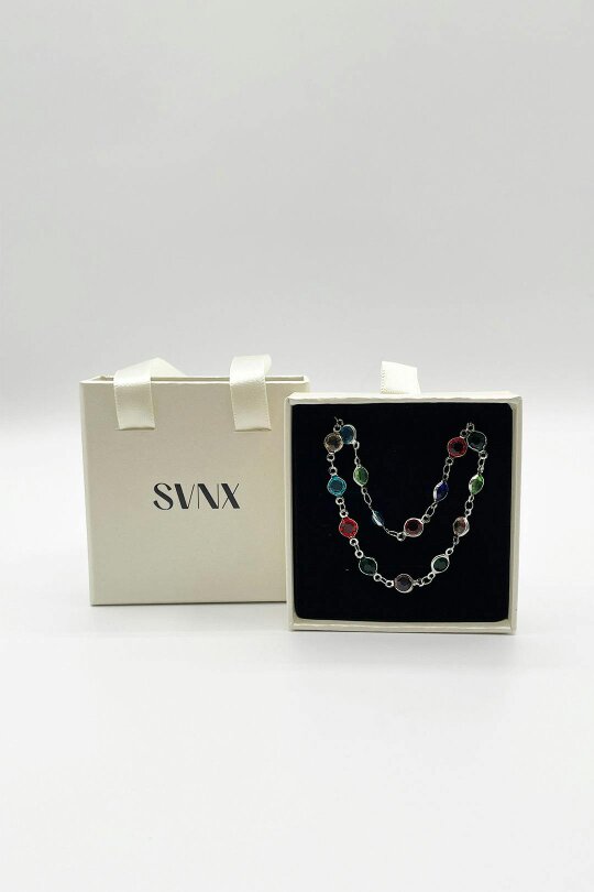 SVNX Round Crystal Necklace and Bracelet Set in Multi - Gift Boxed