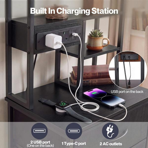 Levede Bedside Table with Charging Station 3 Drawer RGB Light Night Stand Black