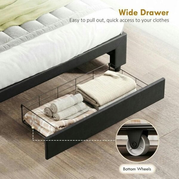 PU Leather King Size Ottoman Bed Frame, with Front Drawer - Black