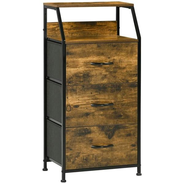 Rustic brown storage cabinet with black frame, 3 drawers and open display shelf