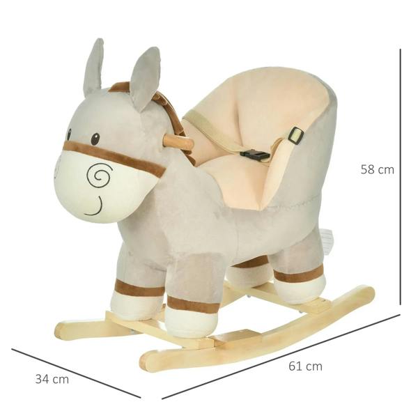 Grey donkey plush rocking toy with padded seat and safety strap, side view