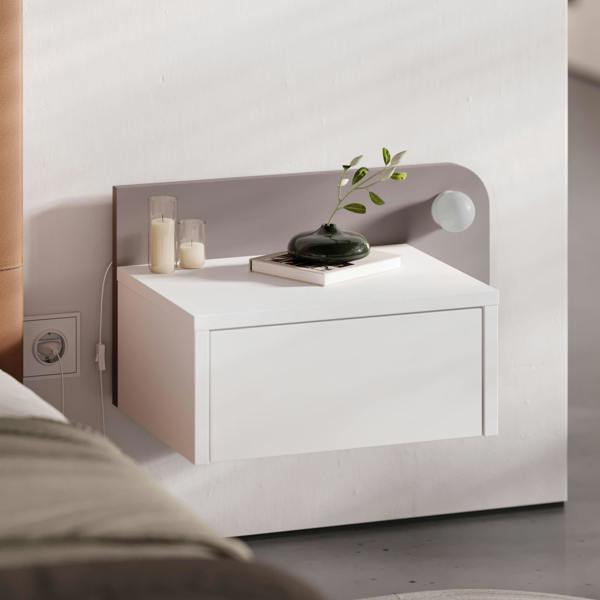 Decortie Floating Bedside Table with Drawer, LED Light in 3-Tones 33.5cm Wall-mount Bedroom Storage Unit