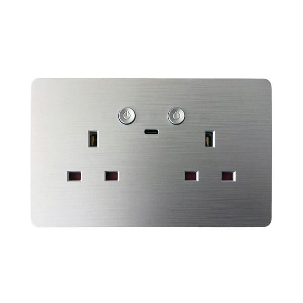 ENER-J smart WiFi double wall socket with USB-A and Type-C ports, brushed silver finish, dual 13A outlet with independent switches