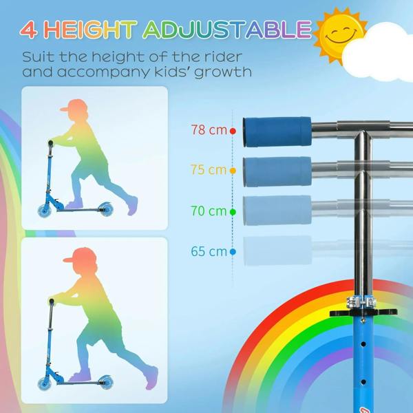 Blue kids scooter with height-adjustable handlebar and two light-up wheels.