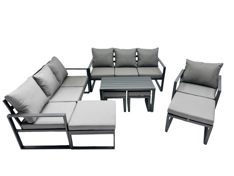 Fimous Outdoor Garden Furniture Set Aluminium Lounge 3 Seat Sofa Oblong Coffee Table Sets with Chair 4 Stools Dark Grey
