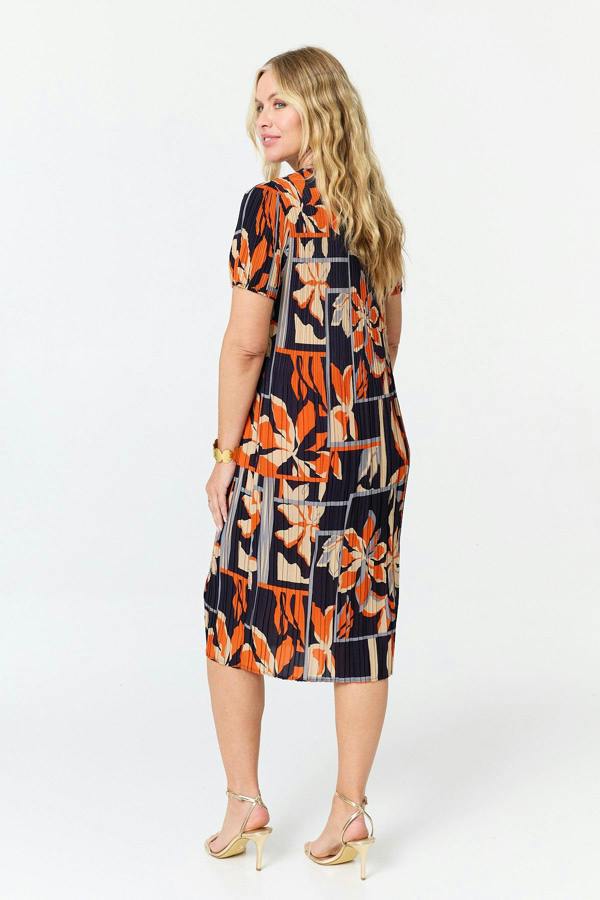 Orange | Floral Pleated Texture Midi Shift Dress