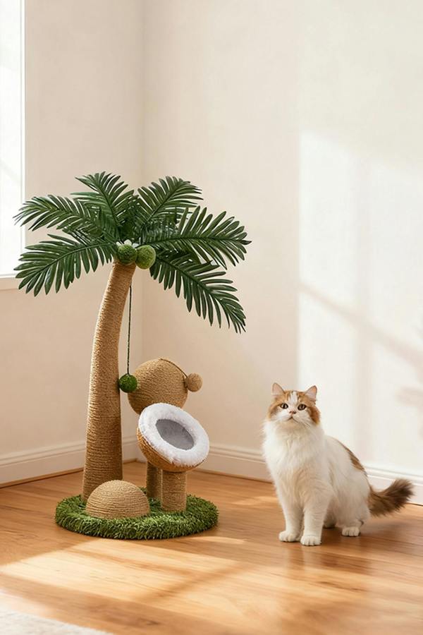 Coconut Tree Shaped Cat Scratching Post with Hanging Ball Toys