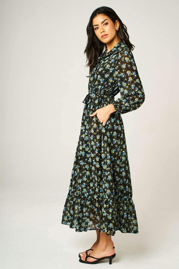 FS Collection Floral Print Hem Detail Shirt Midi Dress With Tie Waist In Black