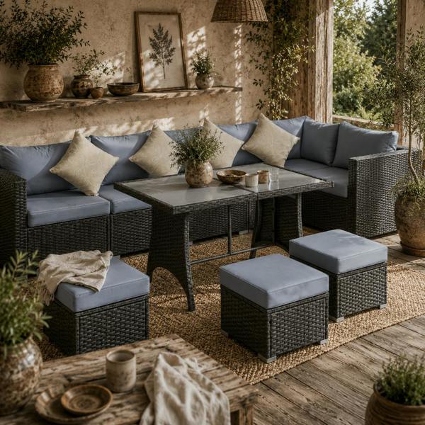 Wyld Haus Vihatta Rattan Grey And Dusty Blue 9 Seater Outdoor Corner Dining Sofa Set