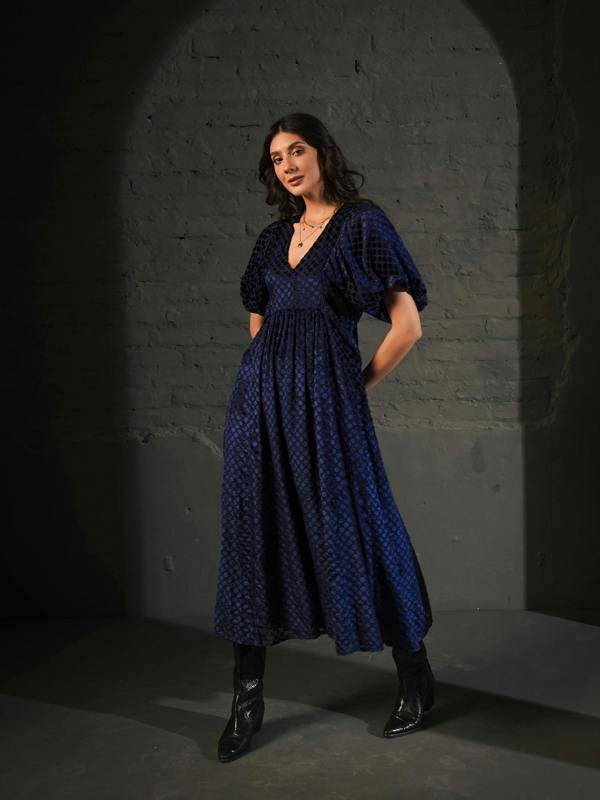 Rose & Nancy Margot Navy Velvet Polka Dot Maxi Dress