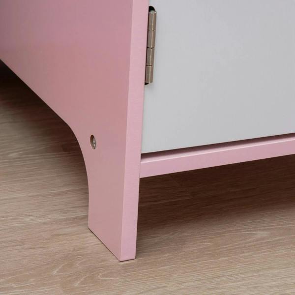 Kids desk set corner with pink frame and metal hinge on white cabinet door