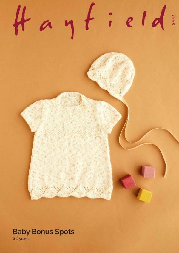 Hayfield Baby Bonus Spots DK Knitting Pattern 5447, Dresses, Headwear for Baby, 0 - 2 Years - Intermediate