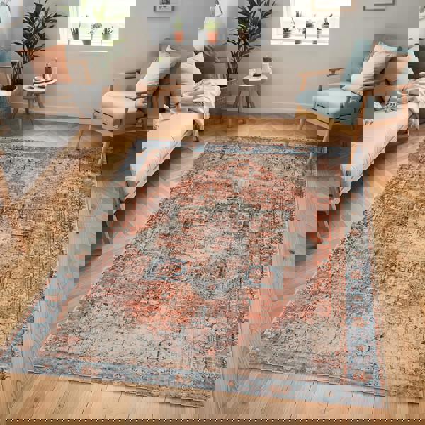 Livabliss Amelie-Washable Terracotta Blue Grey Brown Traditional Vintage Boho Rug