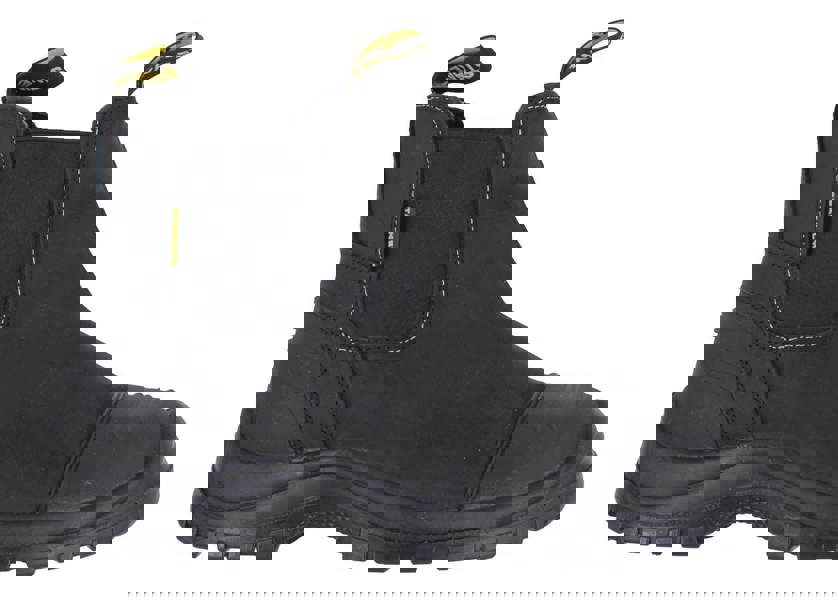 Stanley Riley Mens Pull On Steel Toe/Midsole Chelsea Dealer Boots, black leather work boots with slip-on design, durable rubber sole, and yellow pull tabs with brand logo.