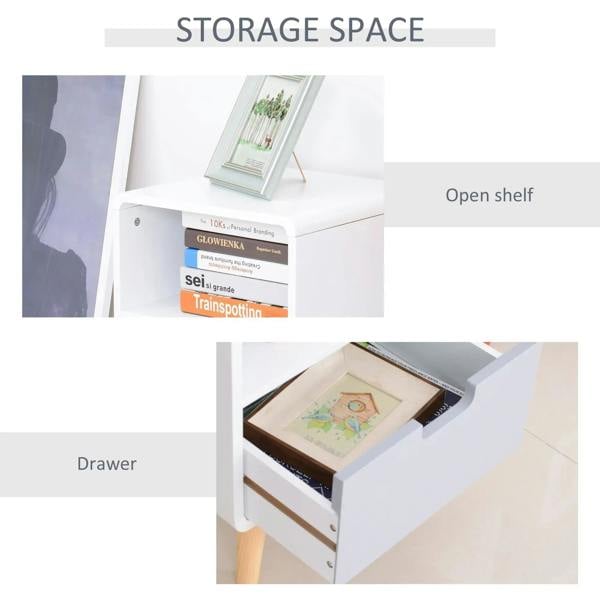 White bedside table with open shelf and drawer for storage