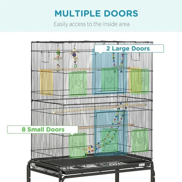 Black bird cage with two large doors and multiple small access openings