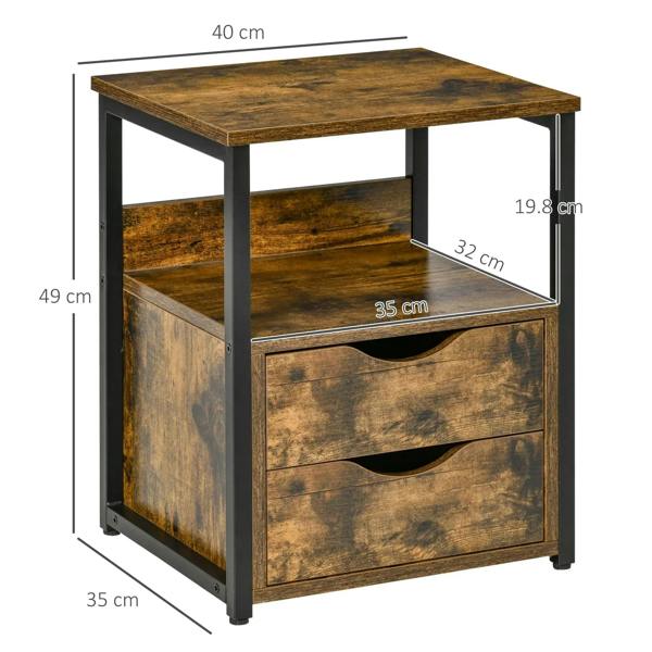 Industrial side table with drawer and open shelf in rustic brown, front 3/4 view