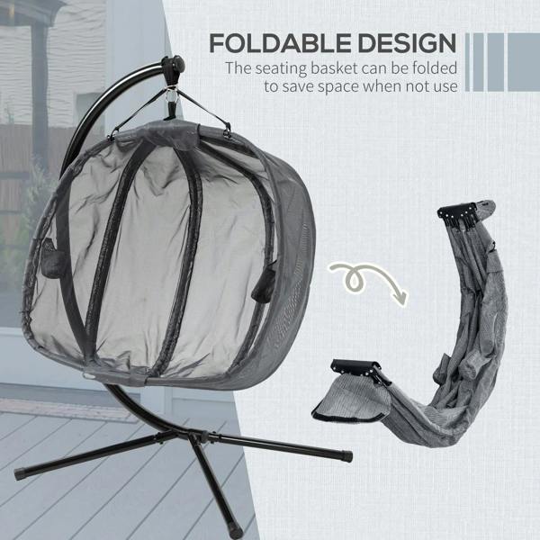 Grey hanging egg chair basket on stand with foldable side panel for storage