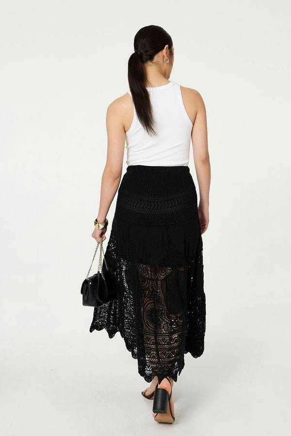 Black | Floral Crochet Mesh Layered Maxi Skirt