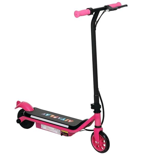 Kids electric scooter with pink frame, black deck, colorful light strip