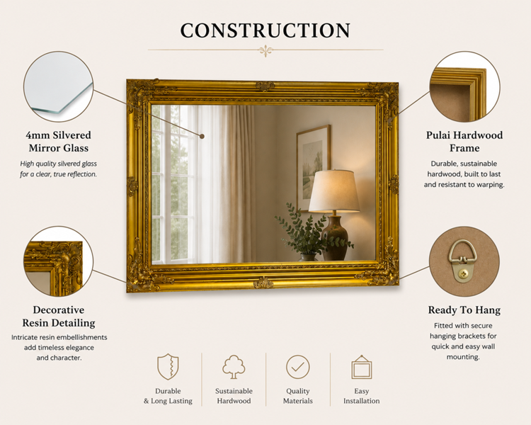 Downton Interiors Large Antique Gold Wood Frame Wall Mirror 90cm x 65cm