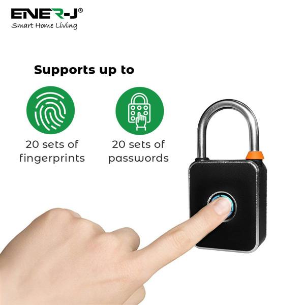 ENER-J Smart Fingerprint & Keypad Padlock, 3-in-1 Biometric, PIN & Bluetooth Lock with 20 Users, IP65 Waterproof, Long Battery Life (T32)