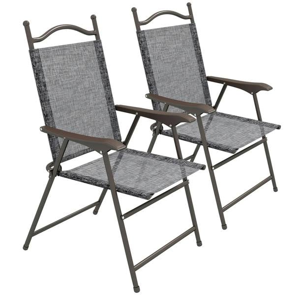 Set of two grey folding garden chairs with fabric mesh back and seat