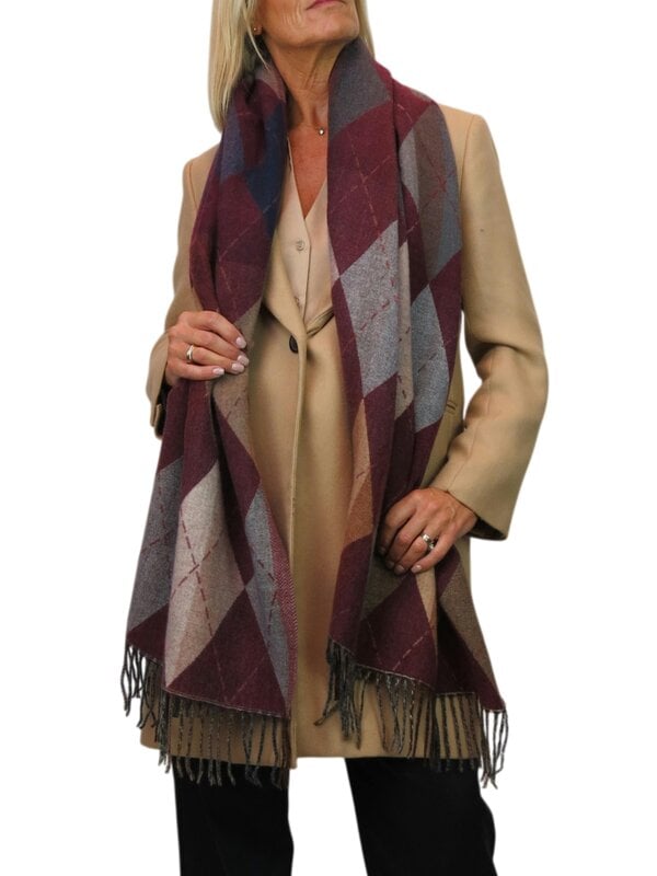 Paulo Due Wool Blend Reversible Argyle Pashmina Scarf - Burgundy