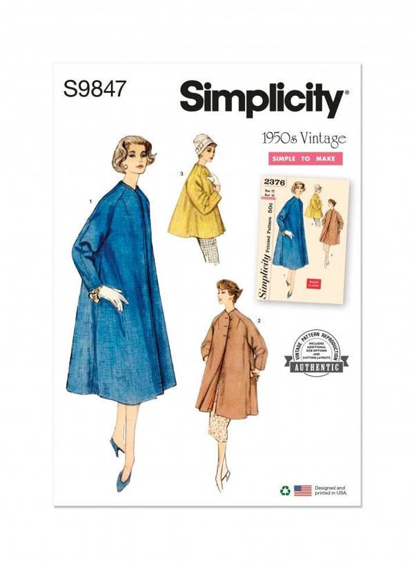 Simplicity Sewing Pattern 9847, Coats, Vintage Style for Women, Y5 (18-20-22-24-26) - Easy