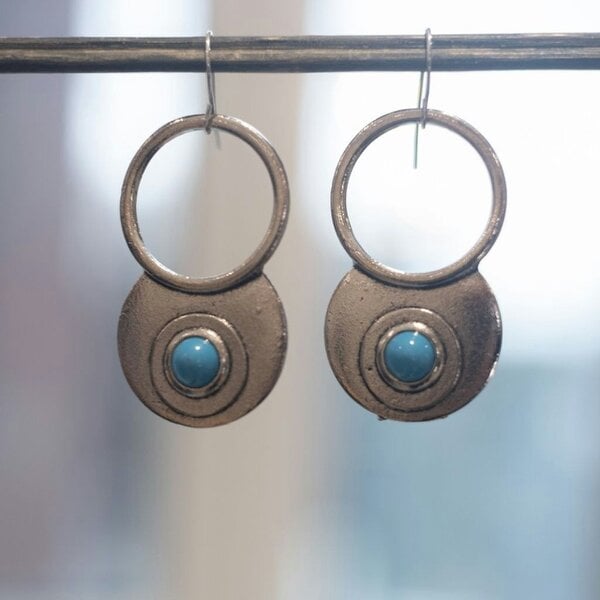 The Colourful Aura Retro Hollow Circle Ethnic Quirky Turquoise Stone Dangle Drop Statement Earring