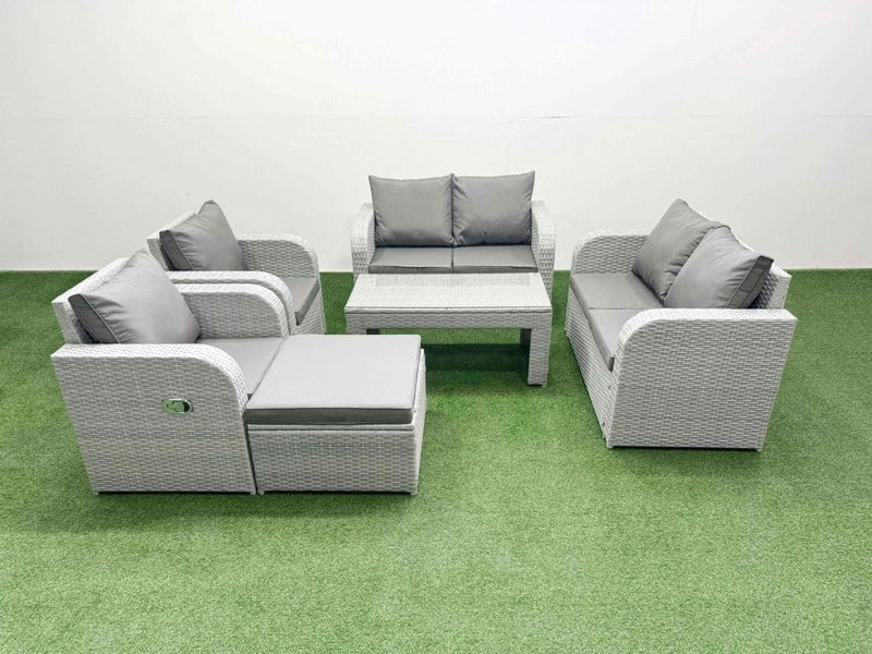 Fimous 7 Seater Outdoor Reclining Chair Love Sofa Set Rattan Garden Furniture Set with Oblong Coffee Table Footstool Light Grey