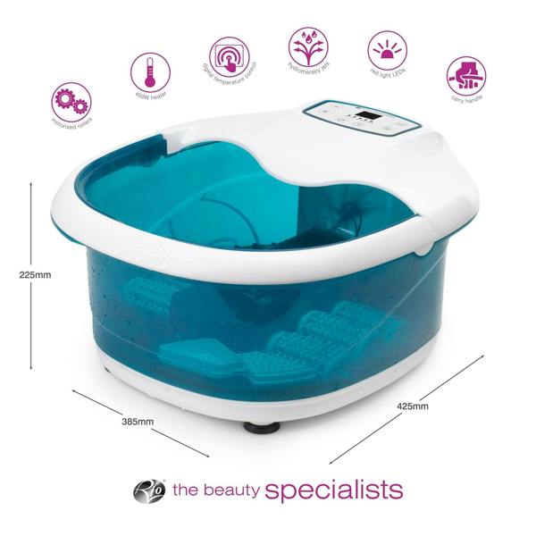motorised roller foot spa bath with arrows labelling height 225mm, width 385mm and depth 425mm