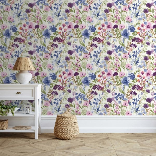 Catherine Lansfield Countryside Floral Wallpaper Pink / Blue