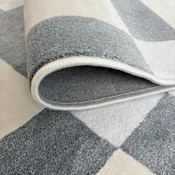 Close-up of a gray and beige checkered rug with a textured border.