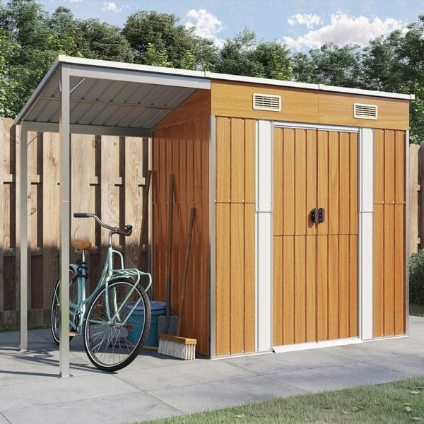 Berkfield Garden Shed with Extended Roof Light Brown 277x110.5x181cm Steel