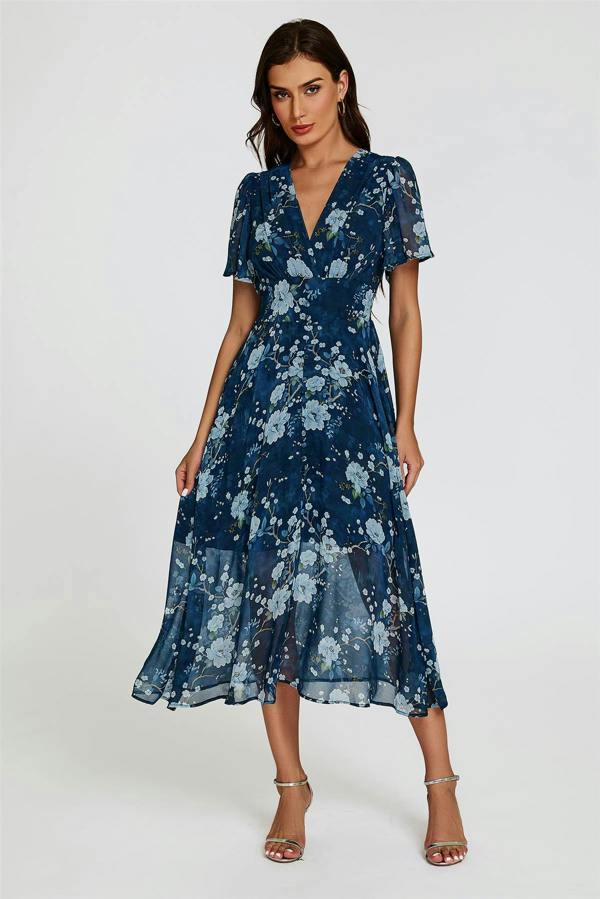 FS Collection Floral Print Midi V neckline Dress In Navy